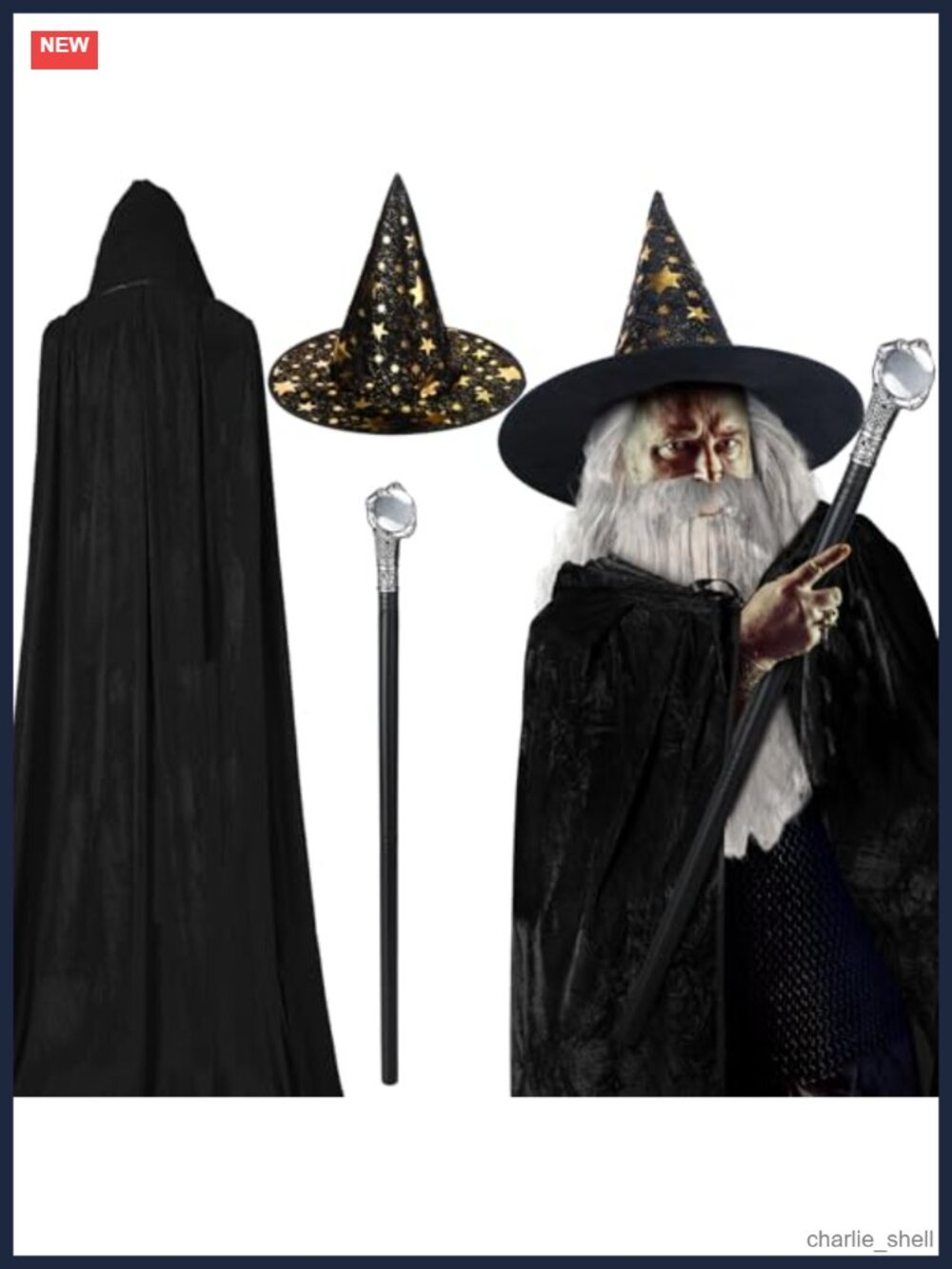 Hicarer 4 Pc Wizard Costume Set Adult Robe Hat Beard Wand Halloween Cosplay